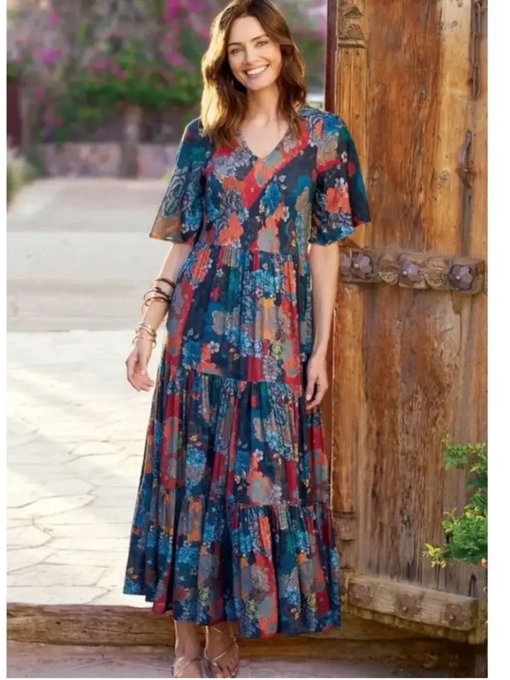 Soft Surroundings Mirabelle multicolor floral v-neck tiered maxi dress boho